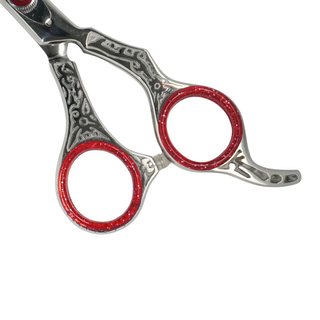 Professional 6-inch Engraved Hair Cutting Shears – Premium Stainless Steel Barber Scissors with Ergonomic Red Inserts