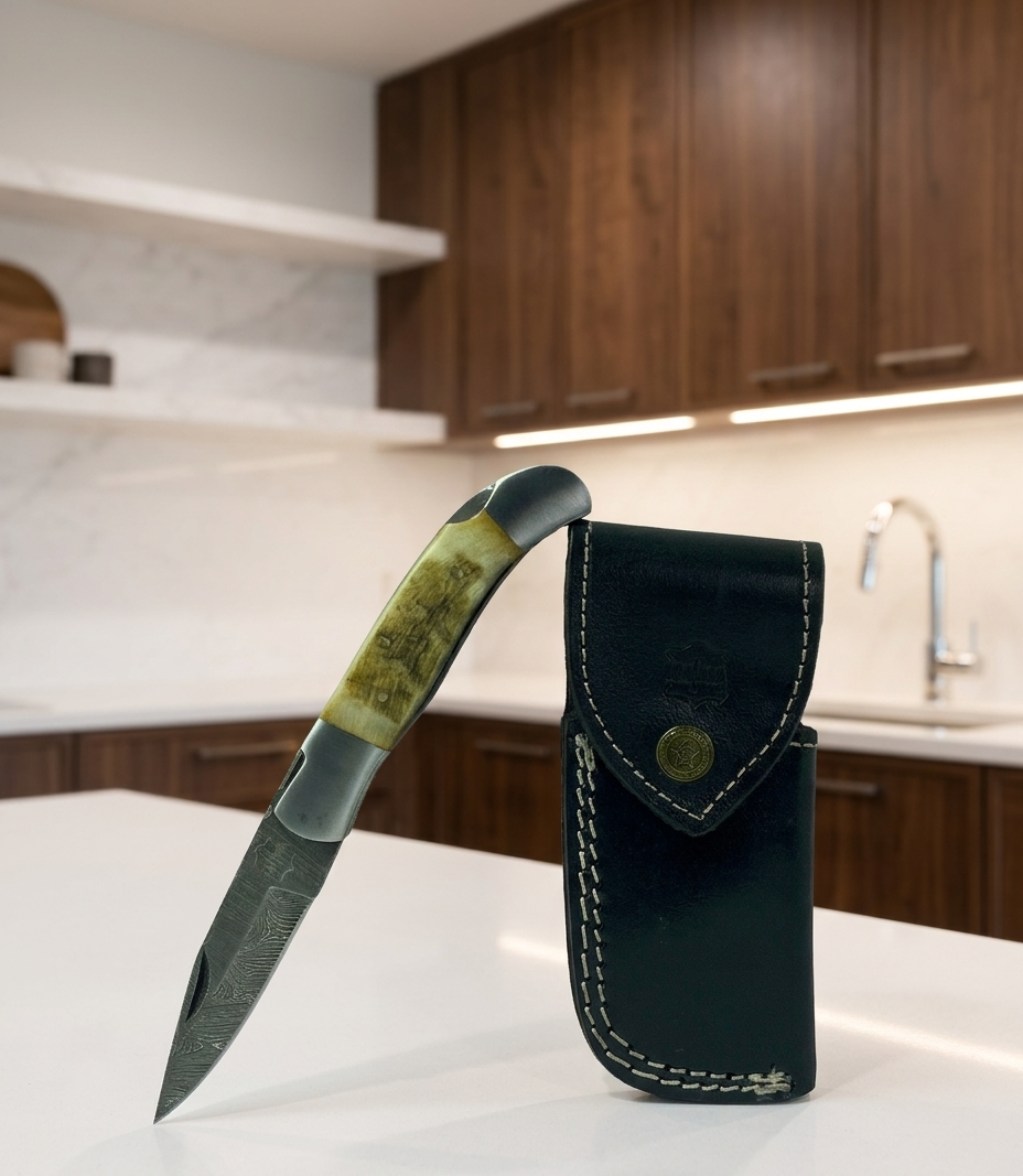 Premium Hand-Forged Damascus Steel Folding Pocket Knife | Authentic RAM Horn Handle EDC Knife with Genuine Leather Sheath
