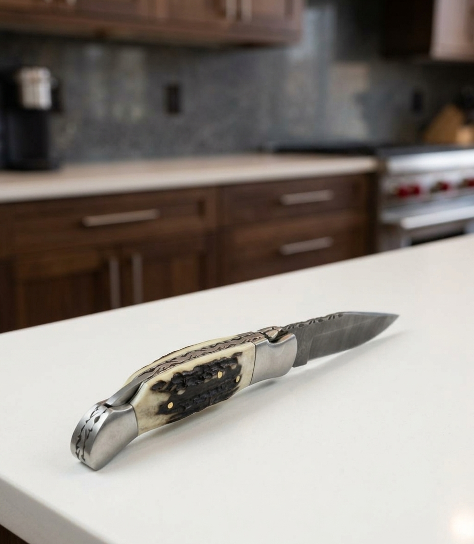 Premium Hand-Forged Damascus Steel Folding Pocket Knife | Authentic Stag Horn Style Handle EDC Knife with Genuine Leather Sheath
