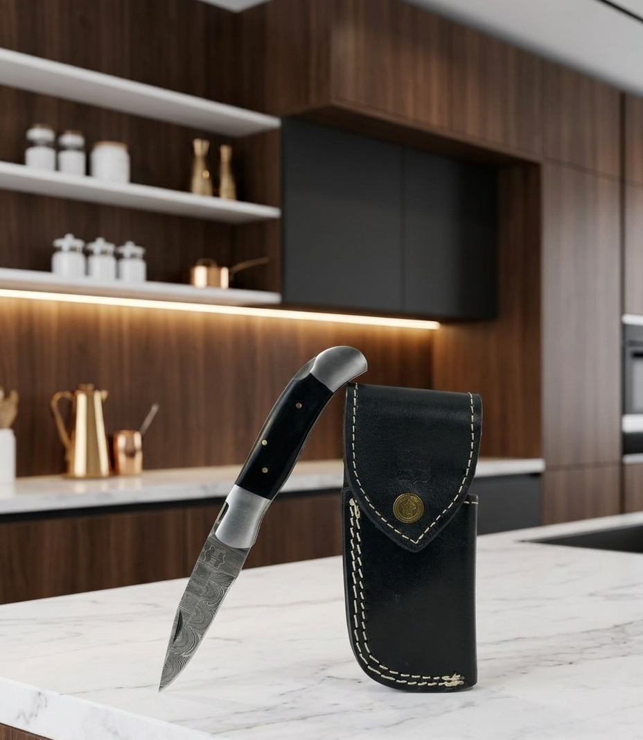 Premium Custom Damascus Steel Folding Pocket Knife | Hand-Forged EDC Knife with Sleek Black Buffalo Horn Handle & Genuine Leather Belt Sheath