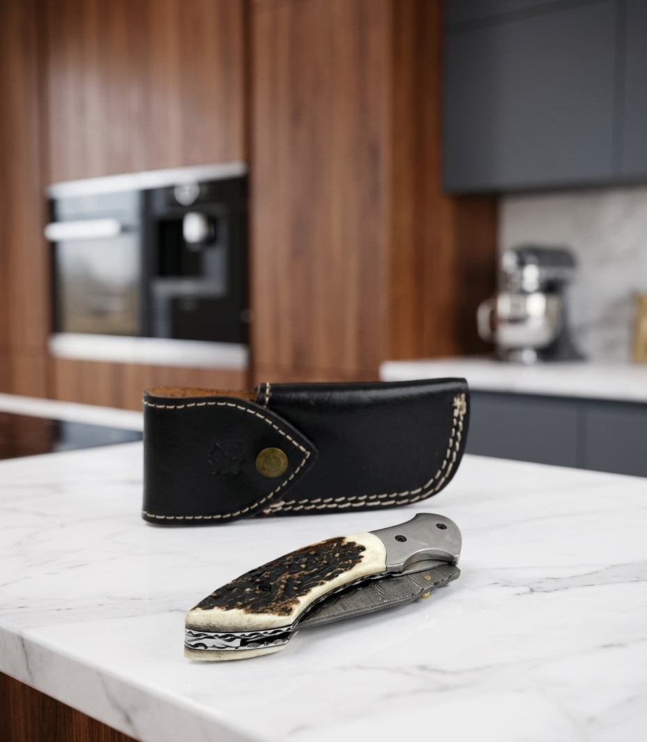 Handcrafted Damascus Steel Folding Knife with Authentic Stag Horn Handle & Premium Leather Sheath