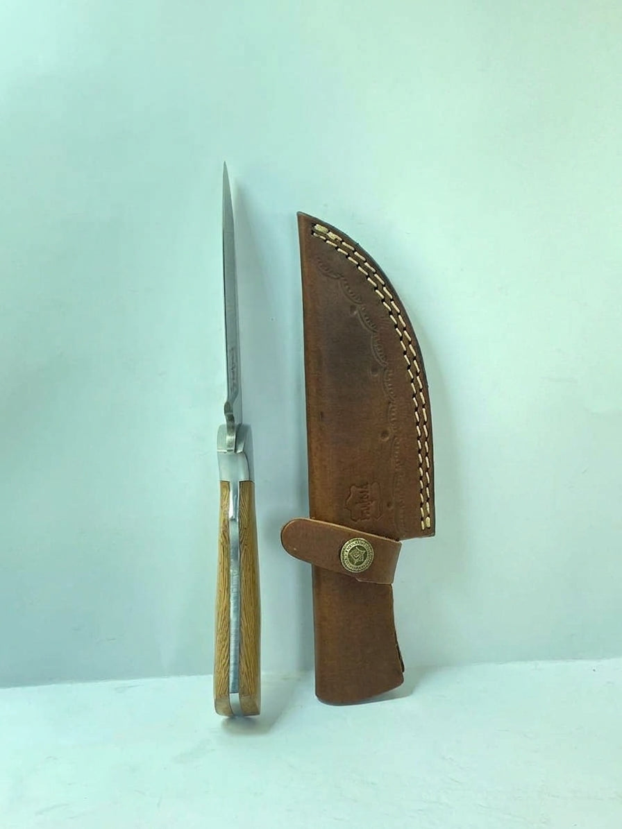 FAUMA Premium Hand-Forged Damascus Steel Tracker Hunting Knife | Custom Walnut Wood Handle Full Tang Blade with Genuine Leather Sheath