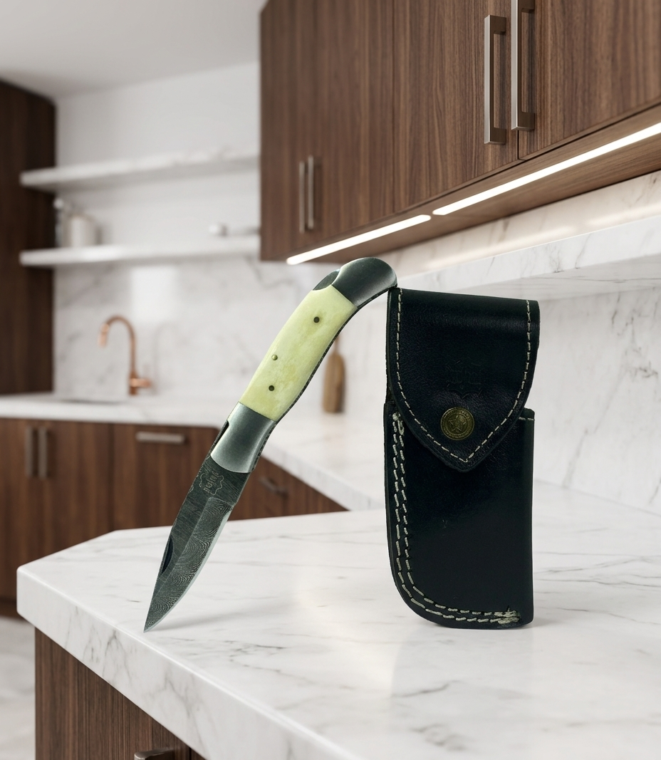 Premium Hand-Forged Damascus Steel Folding Pocket Knife | Custom Bone Handle EDC Knife with Genuine Leather Belt Sheath