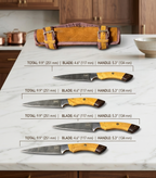 FAUMA Premium 4-Piece Damascus Steel Steak Knife Set | Hand-Forged Kitchen Utility Knives with Olive Wood Handle & Genuine Leather Roll Bag