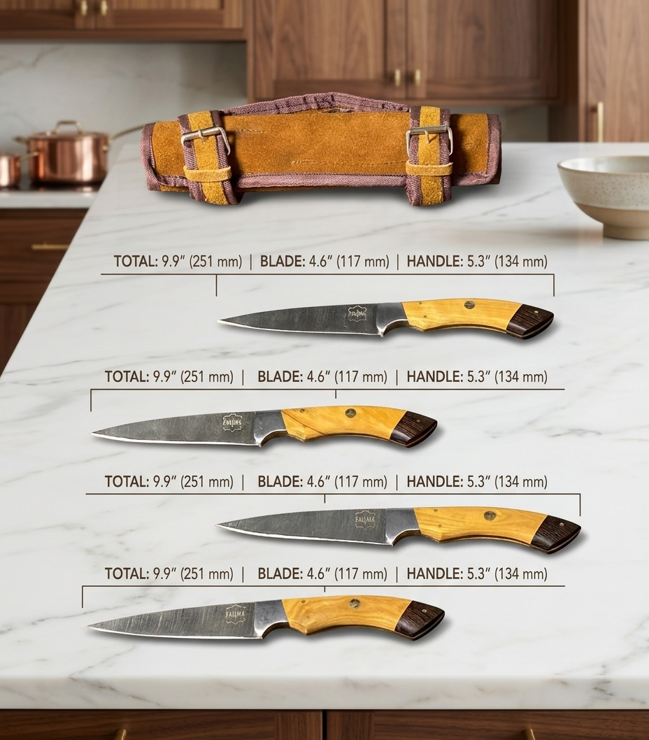 FAUMA Premium 4-Piece Damascus Steel Steak Knife Set | Hand-Forged Kitchen Utility Knives with Olive Wood Handle & Genuine Leather Roll Bag
