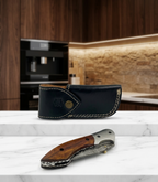 Artisan Damascus Steel Folding Knife with Premium Rosewood Handle & Navy Blue Leather Sheath