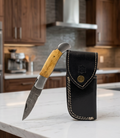 Premium Hand-Forged Damascus Steel Folding Pocket Knife | Exotic Natural Wood Handle EDC Knife with Genuine Leather Sheath