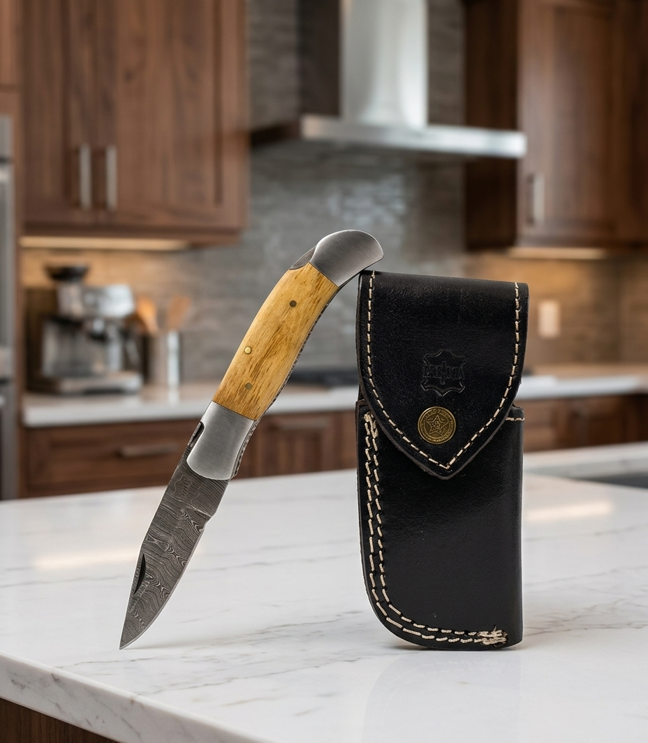 Premium Hand-Forged Damascus Steel Folding Pocket Knife | Exotic Natural Wood Handle EDC Knife with Genuine Leather Sheath