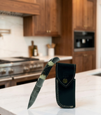 Premium Hand-Forged Damascus Steel Folding Pocket Knife | Authentic Stag Horn Style Handle EDC Knife with Genuine Leather Sheath