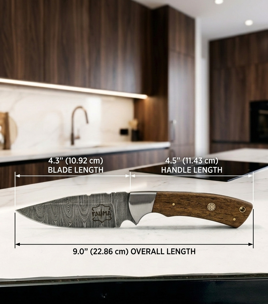 FAUMA Premium Hand-Forged Damascus Steel Tracker Hunting Knife | Custom Walnut Wood Handle Full Tang Blade with Genuine Leather Sheath