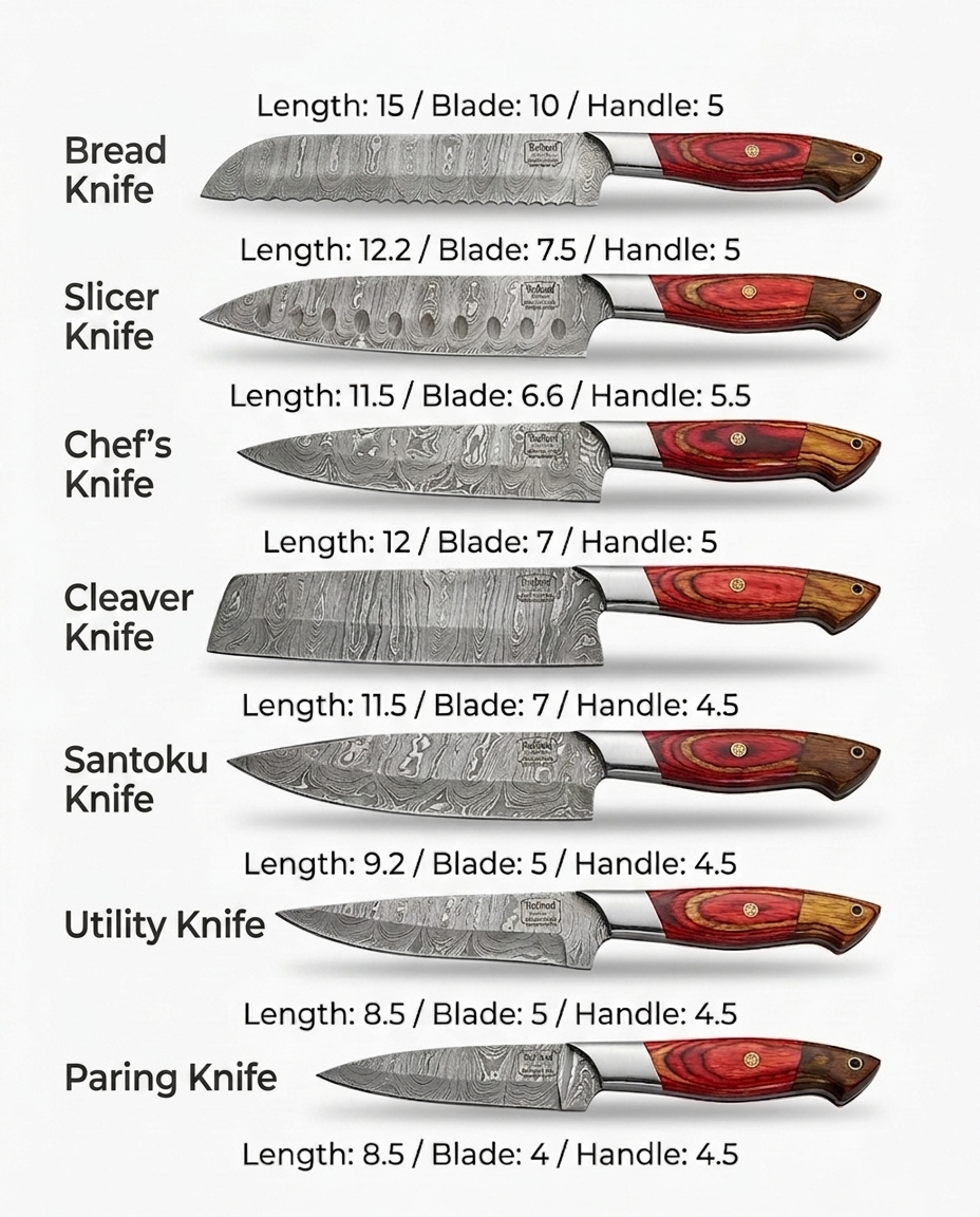 Premium 8-Piece Damascus Steel Culinary Set with Leather Roll Bag or kitchen knifes set