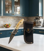 Handcrafted Damascus Steel Folding Knife with Natural Bone Handle & Premium Leather Sheath