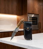 Rare Mammoth Tooth Style Handle Damascus Steel Folding Knife with Premium Leather Sheath