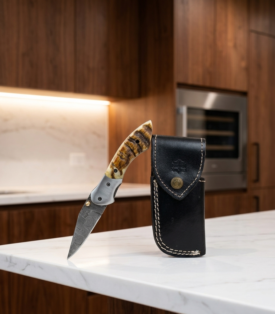 Rare Mammoth Tooth Style Handle Damascus Steel Folding Knife with Premium Leather Sheath