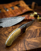 Premium Hand-Forged Damascus Steel Skinner Knife with Gut Hook | Custom Olive Wood & Micarta Handle Hunting Knife with Genuine Leather Sheath