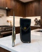 Premium Hand-Forged Damascus Steel Folding Pocket Knife | Authentic Stag Horn Style Handle EDC Knife with Genuine Leather Sheath