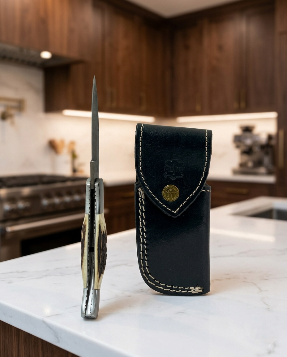 Premium Hand-Forged Damascus Steel Folding Pocket Knife | Authentic Stag Horn Style Handle EDC Knife with Genuine Leather Sheath