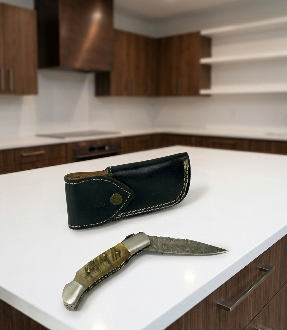 Premium Hand-Forged Damascus Steel Folding Pocket Knife | Authentic RAM Horn Handle EDC Knife with Genuine Leather Sheath