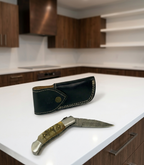 Premium Hand-Forged Damascus Steel Folding Pocket Knife | Authentic RAM Horn Handle EDC Knife with Genuine Leather Sheath