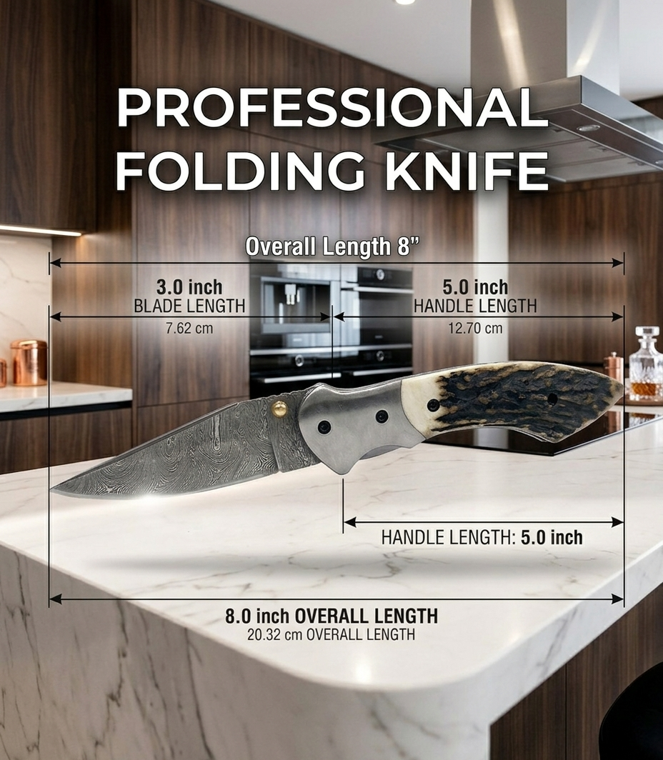 Handcrafted Damascus Steel Folding Knife with Authentic Stag Horn Handle & Premium Leather Sheath
