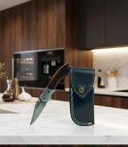 Artisan Damascus Steel Folding Knife with Premium Rosewood Handle & Navy Blue Leather Sheath
