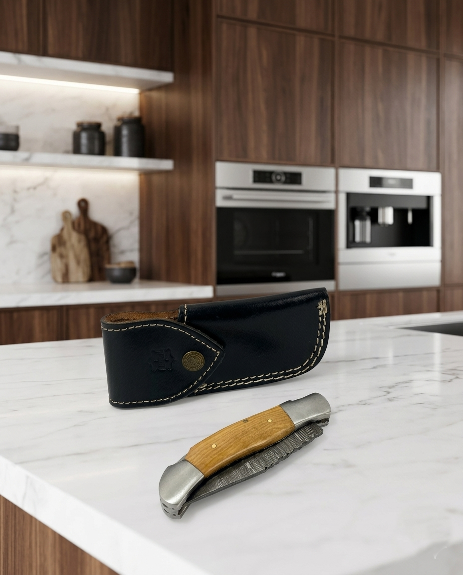 Premium Hand-Forged Damascus Steel Folding Pocket Knife | Exotic Natural Wood Handle EDC Knife with Genuine Leather Sheath