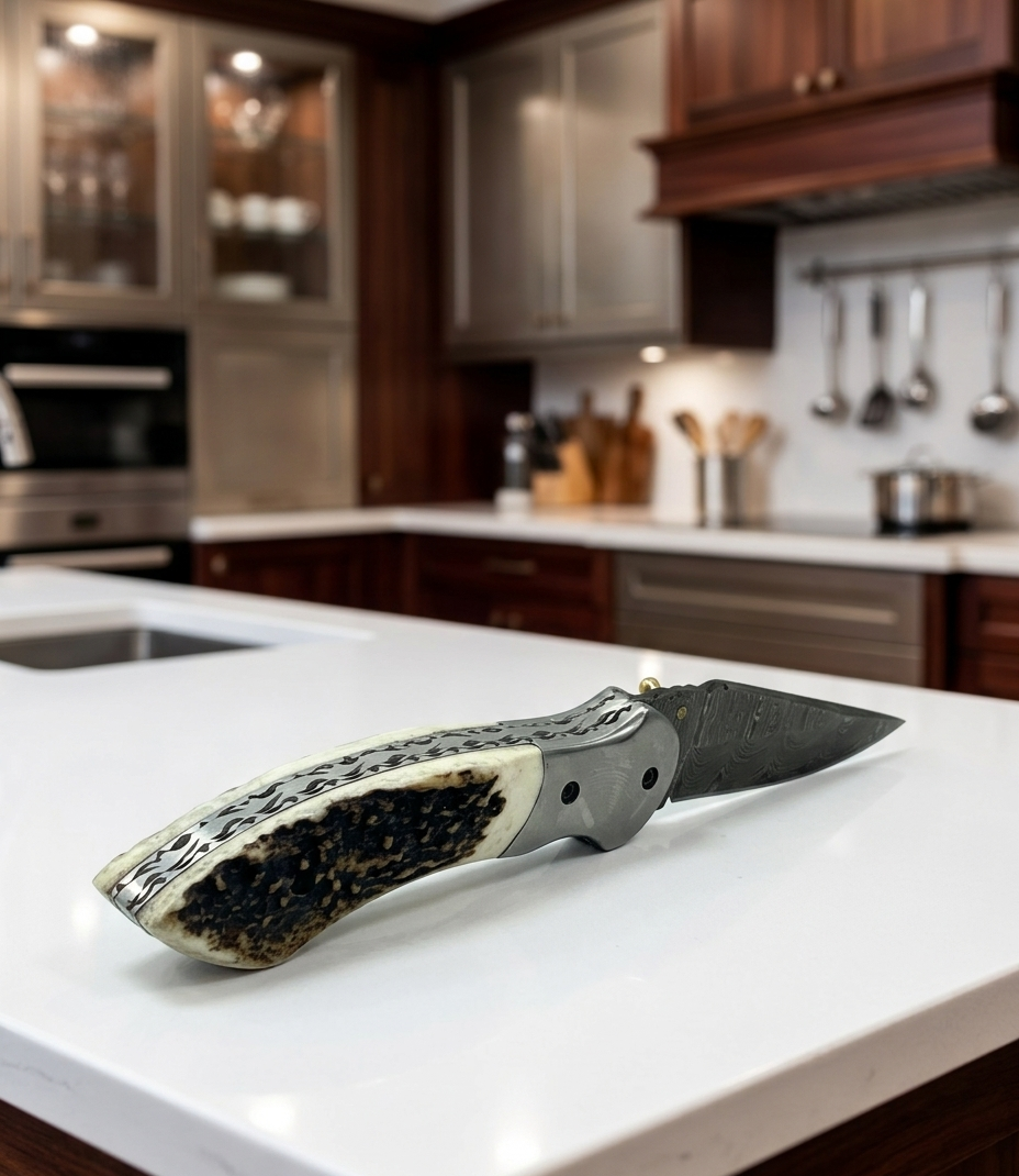 Handcrafted Damascus Steel Folding Knife with Authentic Stag Horn Handle & Premium Leather Sheath
