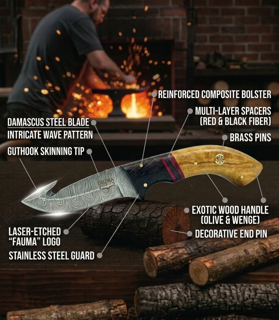 Premium Hand-Forged Damascus Steel Skinner Knife with Gut Hook | Custom Olive Wood & Micarta Handle Hunting Knife with Genuine Leather Sheath
