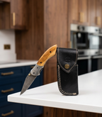 Premium Handmade Damascus Steel Folding Pocket Knife with Olive Wood Handle & Genuine Leather Sheath