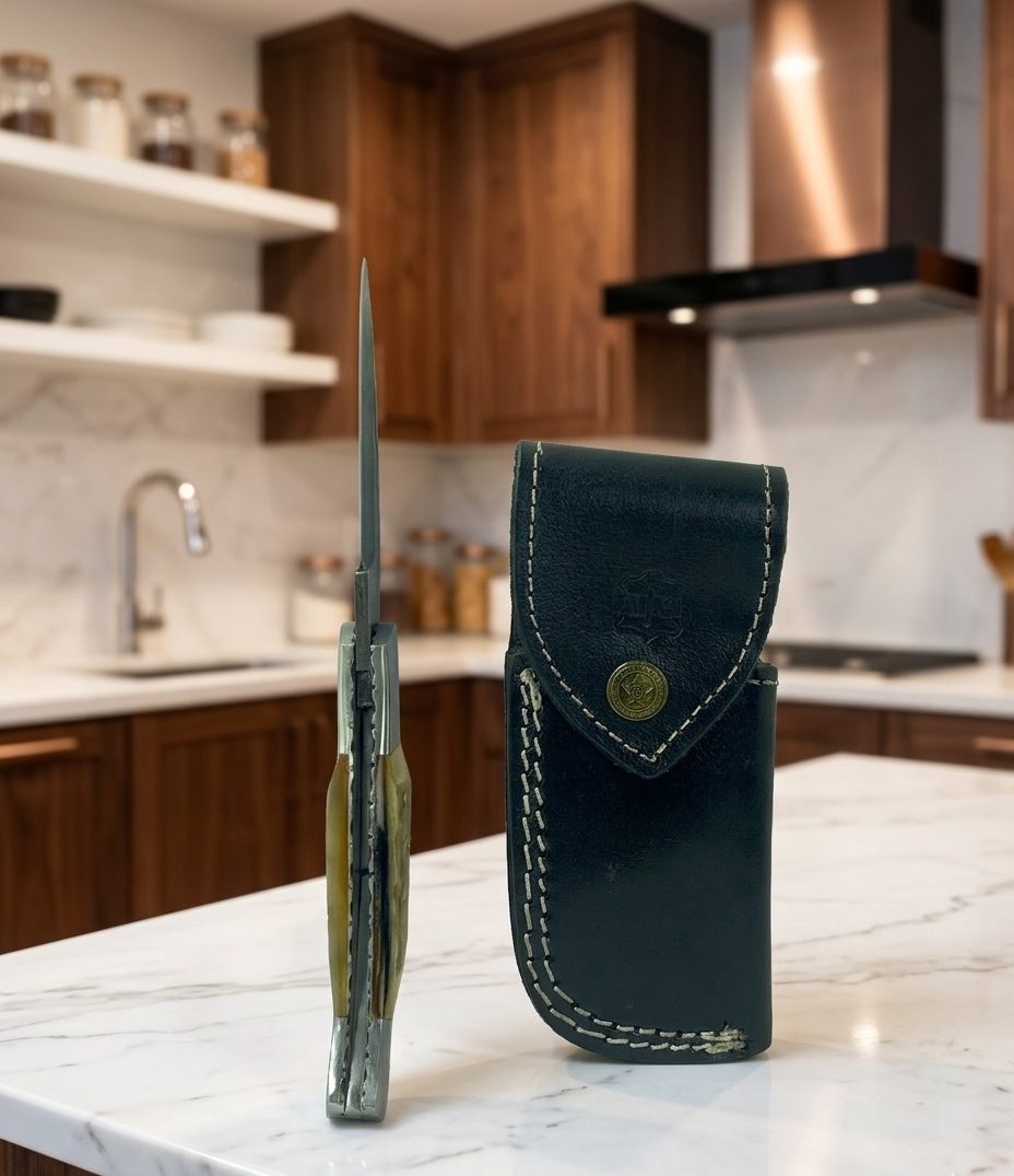 Premium Hand-Forged Damascus Steel Folding Pocket Knife | Authentic RAM Horn Handle EDC Knife with Genuine Leather Sheath