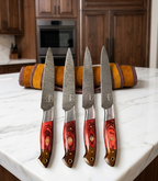 FAUMA Premium 4-Piece Damascus Steel Steak Knife Set | Hand-Forged Kitchen Utility Knives with Ergonomic Rosewood Handle & Genuine Leather Roll Bag