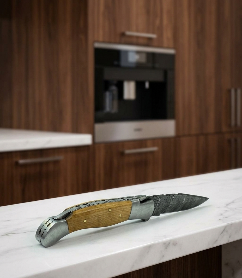 Premium Hand-Forged Damascus Steel Folding Pocket Knife | Exotic Natural Wood Handle EDC Knife with Genuine Leather Sheath
