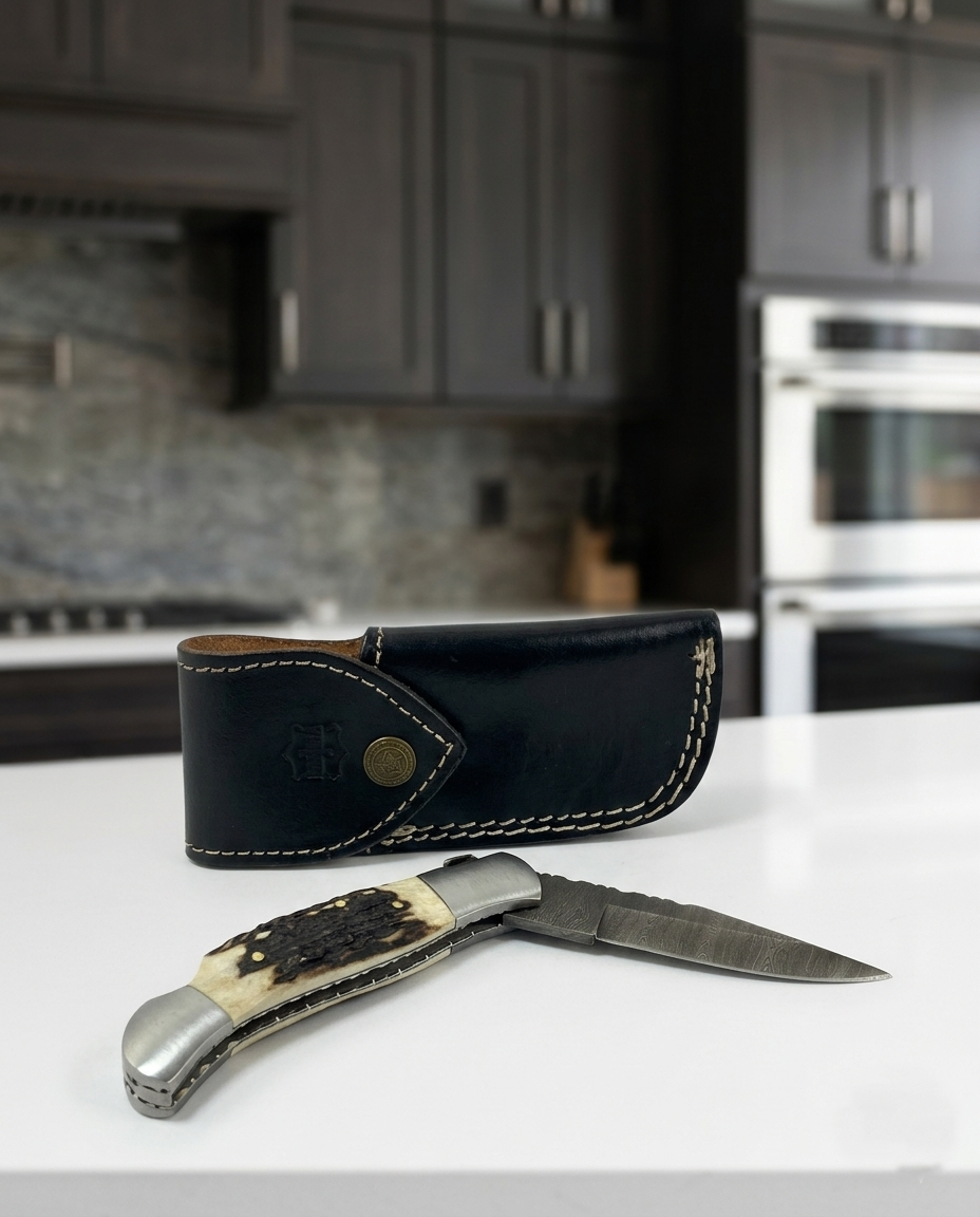 Premium Hand-Forged Damascus Steel Folding Pocket Knife | Authentic Stag Horn Style Handle EDC Knife with Genuine Leather Sheath