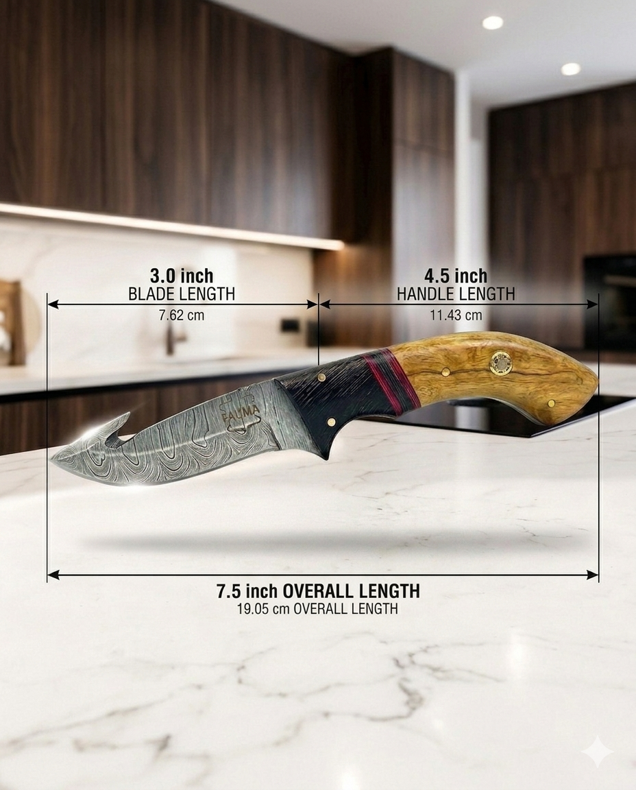 Premium Hand-Forged Damascus Steel Skinner Knife with Gut Hook | Custom Olive Wood & Micarta Handle Hunting Knife with Genuine Leather Sheath