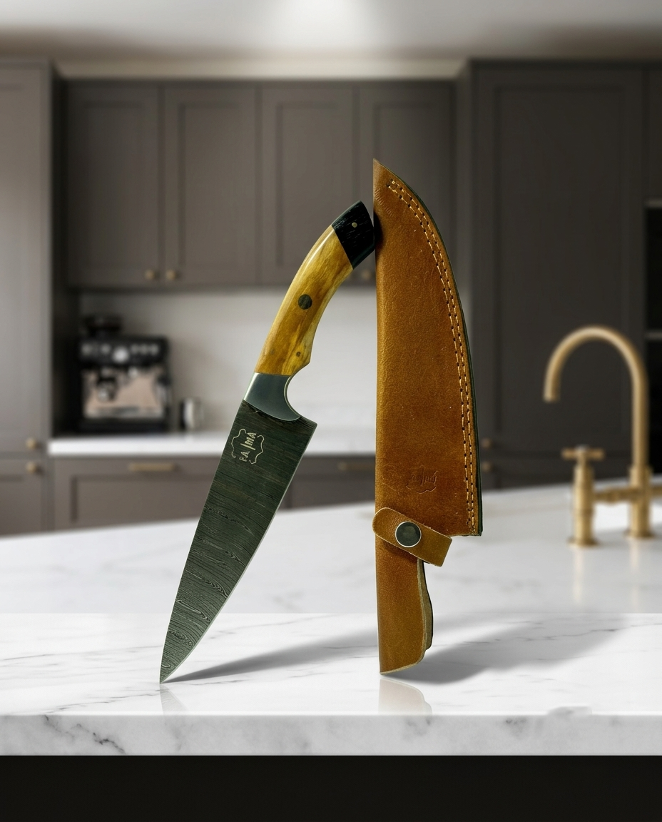 Premium Hand-Forged Chef Knife with Leather Sheath - Professional Kitchen & Outdoor Cooking Knife