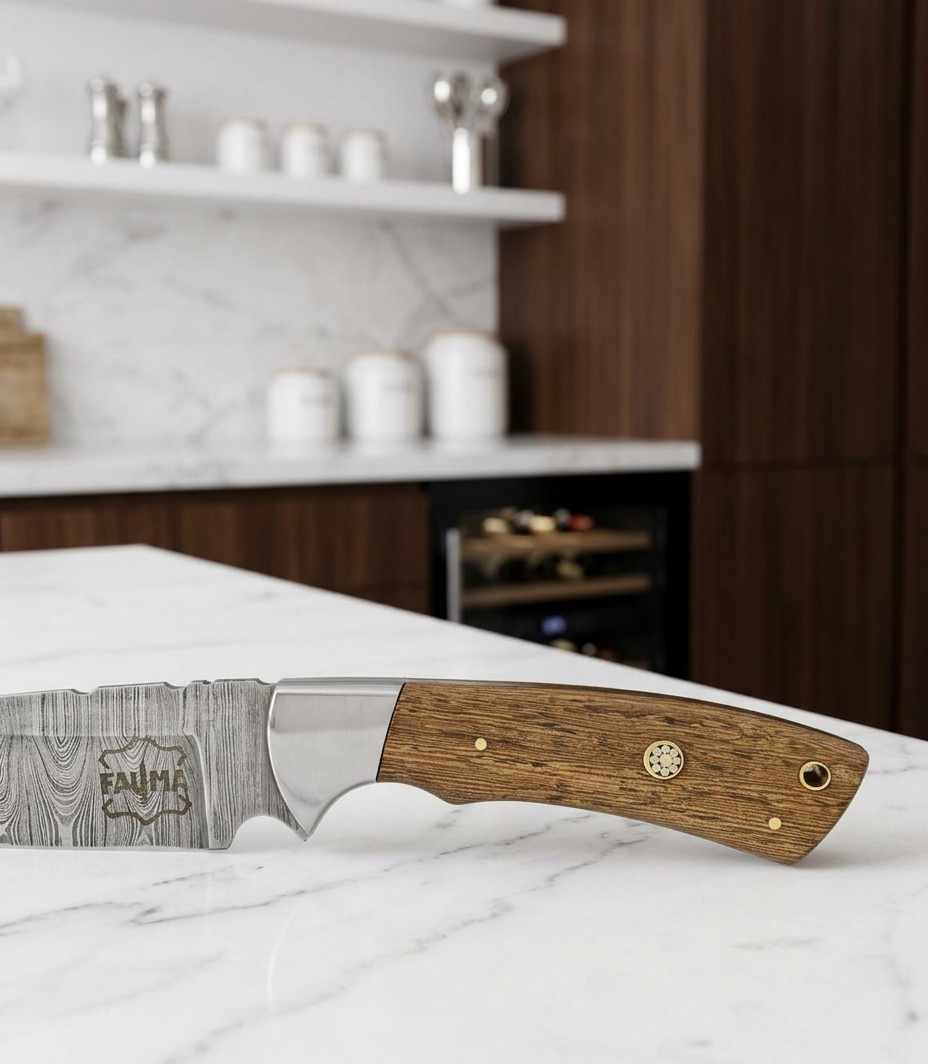 FAUMA Premium Hand-Forged Damascus Steel Tracker Hunting Knife | Custom Walnut Wood Handle Full Tang Blade with Genuine Leather Sheath