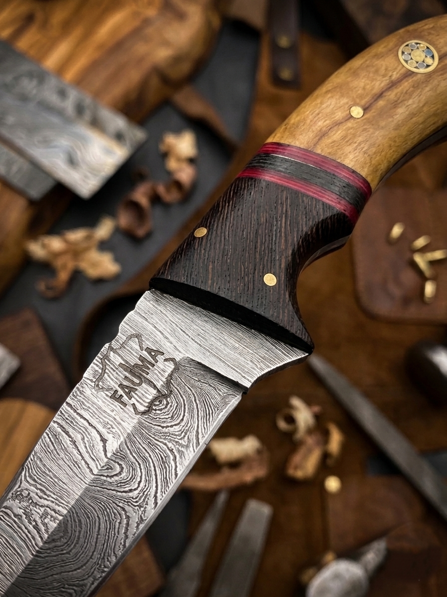 Premium Hand-Forged Damascus Steel Skinner Knife with Gut Hook | Custom Olive Wood & Micarta Handle Hunting Knife with Genuine Leather Sheath