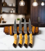 FAUMA Premium 4-Piece Damascus Steel Steak Knife Set | Hand-Forged Kitchen Utility Knives with Olive Wood Handle & Genuine Leather Roll Bag