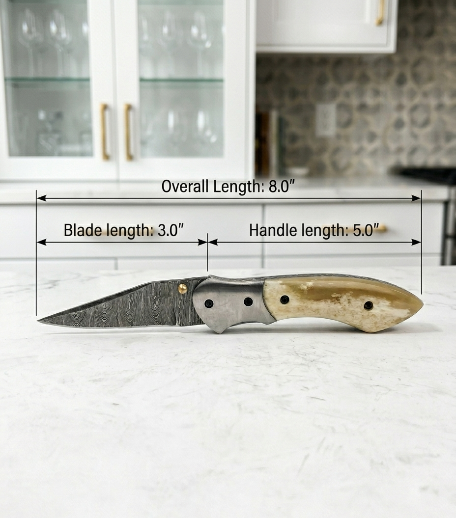 Handcrafted Damascus Steel Folding Knife with Natural Bone Handle & Premium Leather Sheath