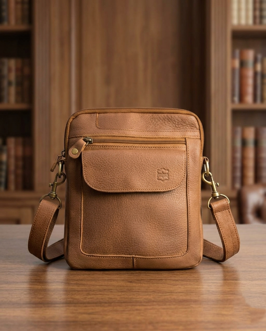 Premium Genuine Leather Crossbody Messenger Bag - Classic Black