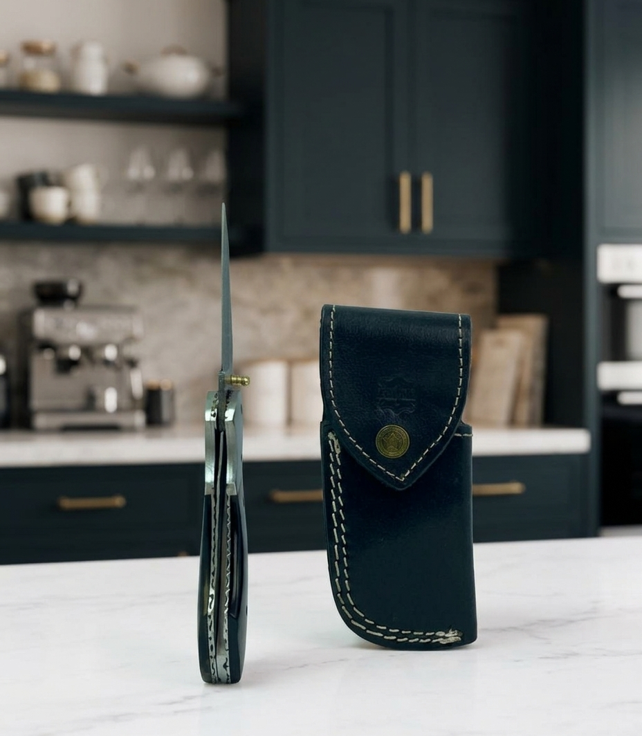 Elite Damascus Steel Folding Pocket Knife with Black Micarta Handle & Hand-Stitched Leather Sheath
