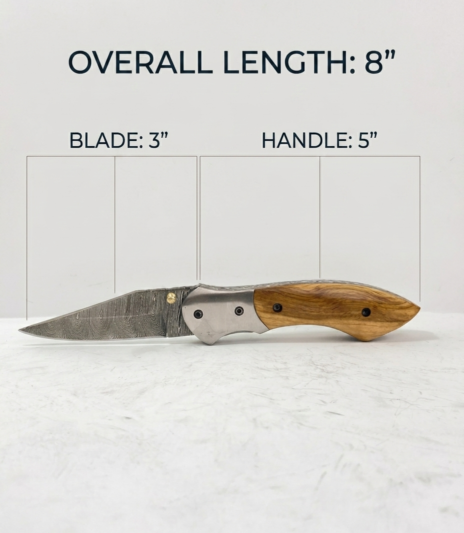 Premium Handmade Damascus Steel Folding Pocket Knife with Olive Wood Handle & Genuine Leather Sheath