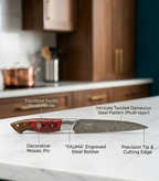 FAUMA Premium 4-Piece Damascus Steel Steak Knife Set | Hand-Forged Kitchen Utility Knives with Ergonomic Rosewood Handle & Genuine Leather Roll Bag