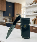 Elite Damascus Steel Folding Pocket Knife with Black Micarta Handle & Hand-Stitched Leather Sheath