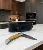 Premium Hand-Forged Damascus Steel Folding Pocket Knife | Exotic Natural Wood Handle EDC Knife with Genuine Leather Sheath