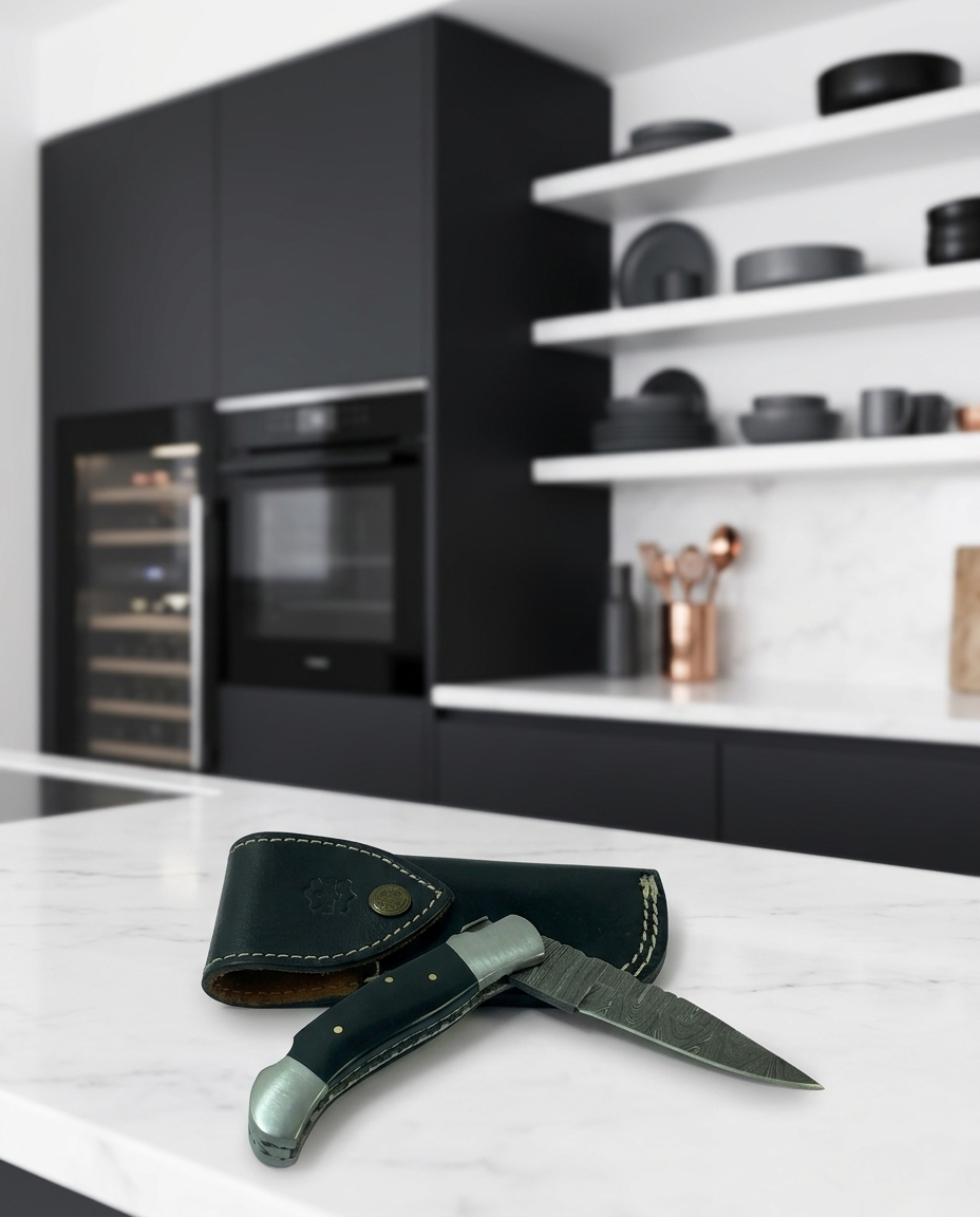 Premium Custom Damascus Steel Folding Pocket Knife | Hand-Forged EDC Knife with Sleek Black Buffalo Horn Handle & Genuine Leather Belt Sheath