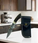 Handcrafted Damascus Steel Folding Knife with Authentic Stag Horn Handle & Premium Leather Sheath
