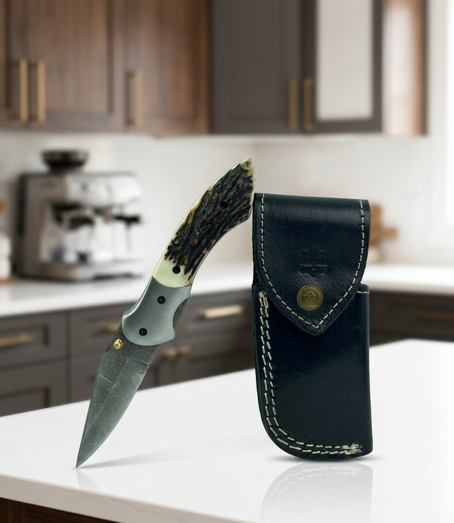 Handcrafted Damascus Steel Folding Knife with Authentic Stag Horn Handle & Premium Leather Sheath
