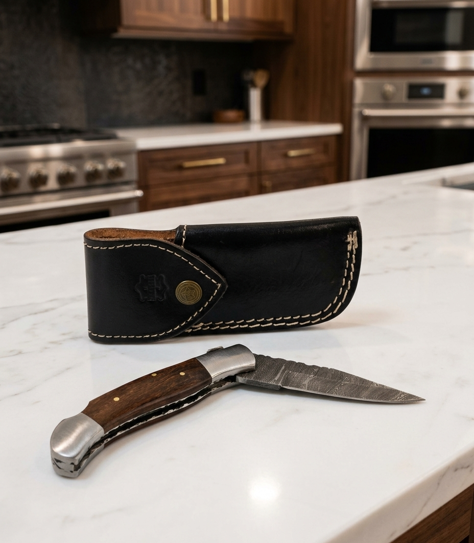 Premium Hand-Forged Damascus Steel Folding Pocket Knife | Luxury Rosewood Handle EDC Knife with Genuine Leather Sheath