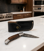 Premium Hand-Forged Damascus Steel Folding Pocket Knife | Luxury Rosewood Handle EDC Knife with Genuine Leather Sheath